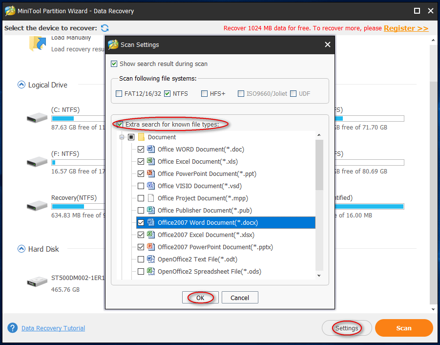 scan only needed types of files