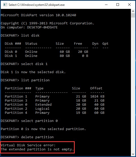 Virtual Disk Service error extended partition is not empty