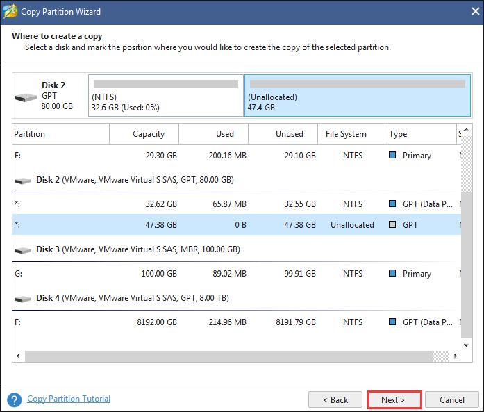 click Next after selecting an unallocated space as the target partition