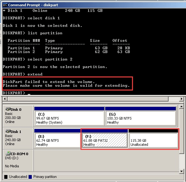 unable to extend partition