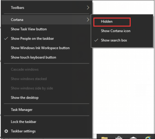 hidden Cortana from the taskbar