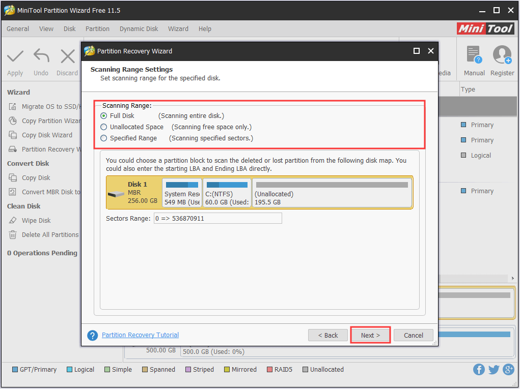 choose a disk scanning range