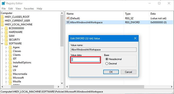 create a key named AllowWindowsInkWorkspace