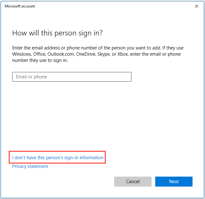 click I don’t have this person’s sign-in infromation