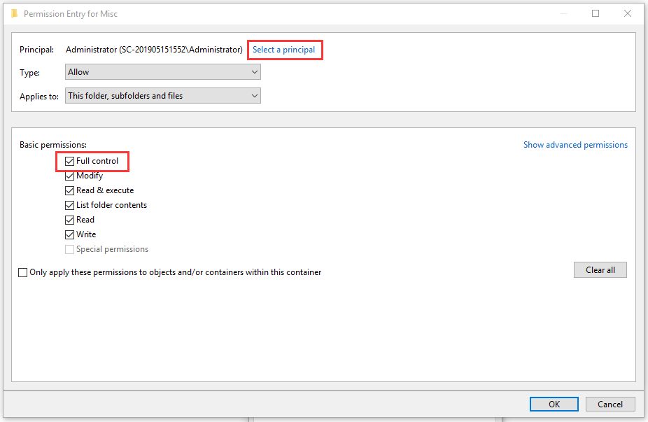 click on Select a principal and select Full control