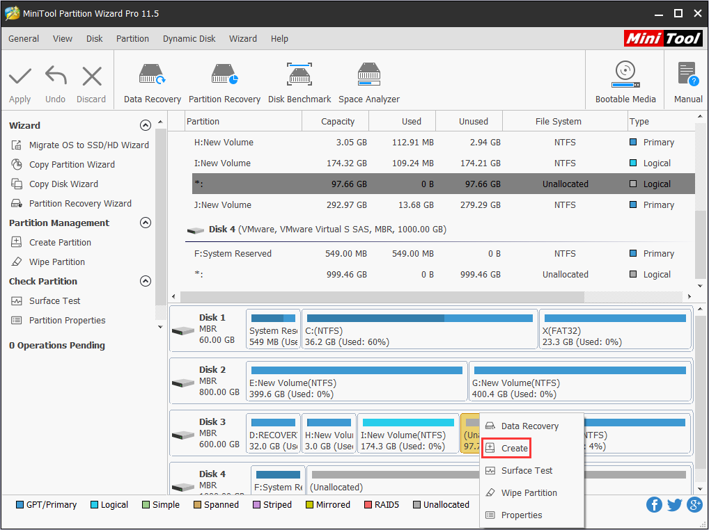 create partition in Partition Wizard