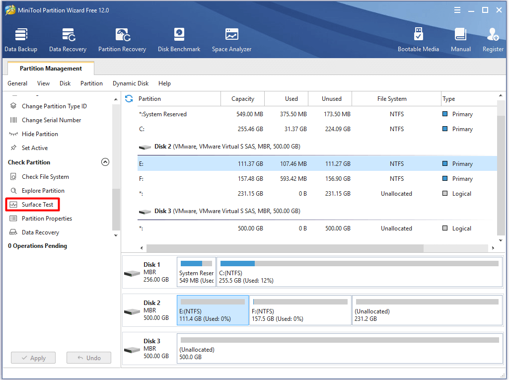 click on surface test in the action panel