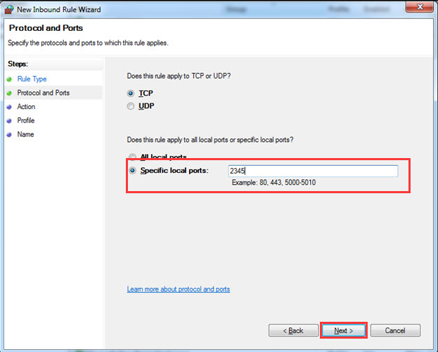 select the Specific local ports and input its number