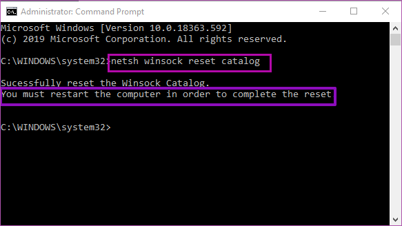 type netsh winsock reset catalog command