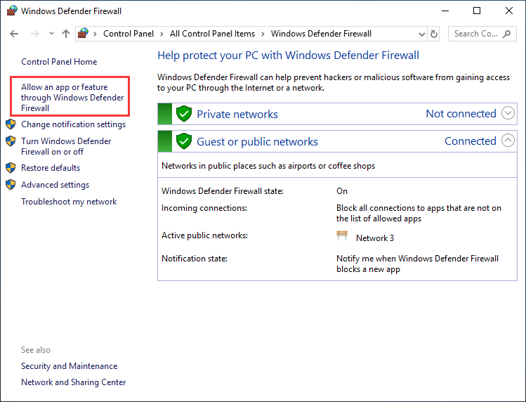 click Allow an app or feature through Windows Firewall