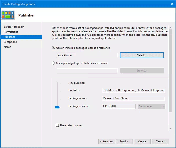 packaged app rule publisher