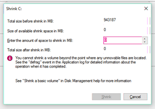 unable to shrink volume windows 10