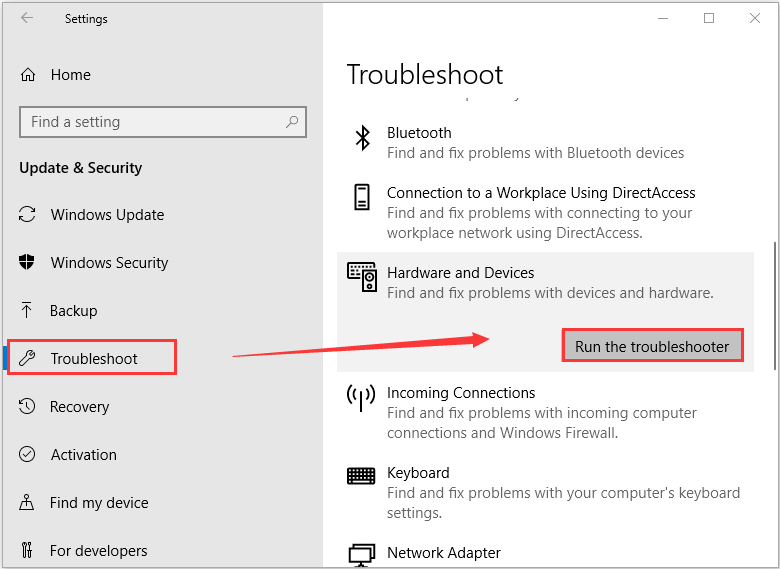 run Hardware and Devices troubleshooter