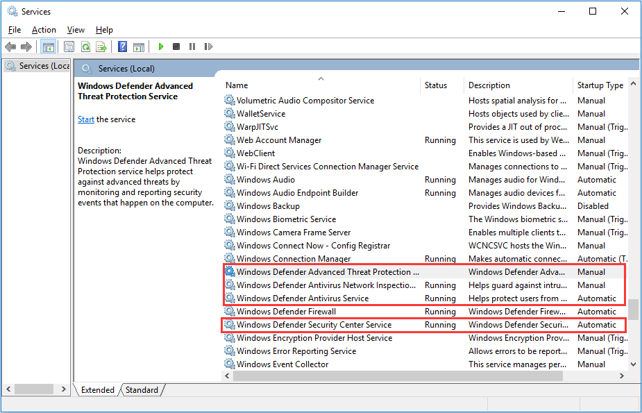 windows defender service stopped