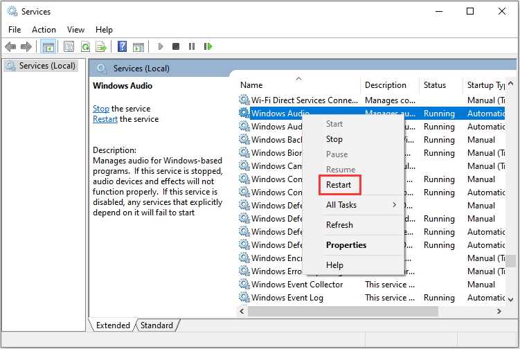 windows audio service keeps stopping