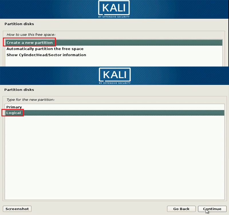 create a new partition and set it as primary or logical