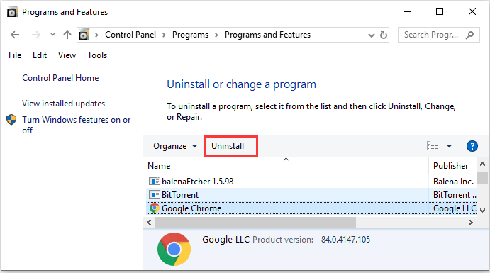 uninstall Chromium in Control Panel