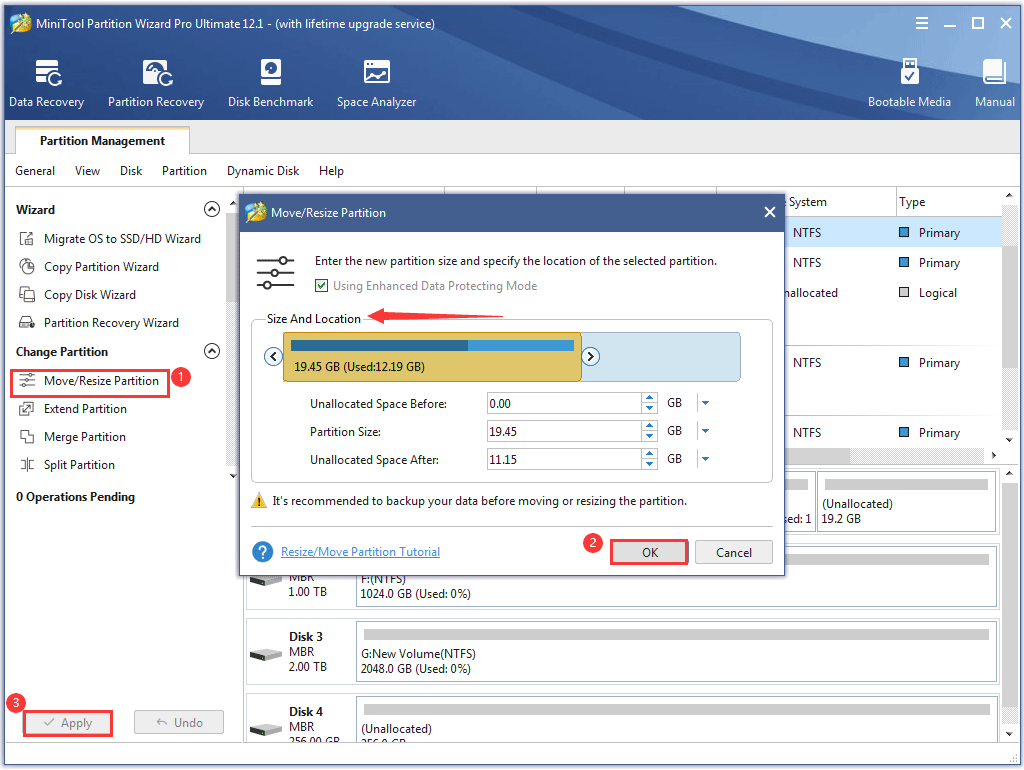 shrink a partition via MiniTool Partition Wizard