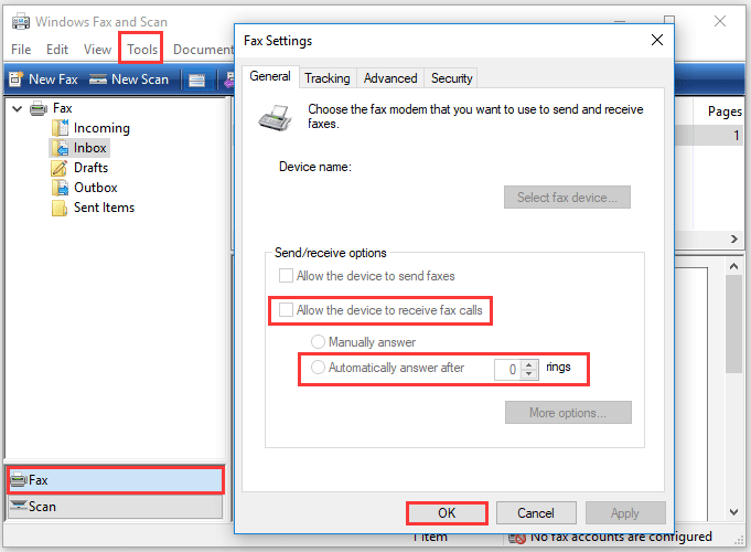 windows fax and scan set default folder