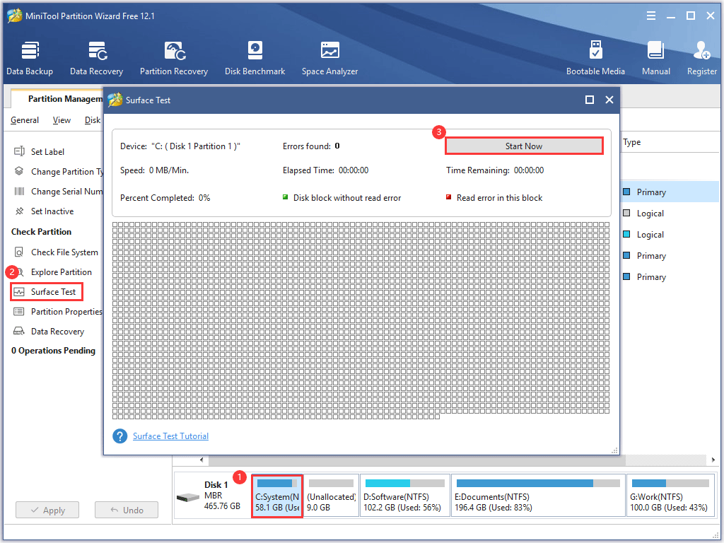 activate the Surface Test function