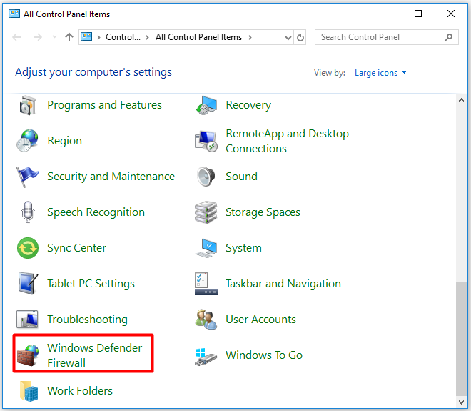 click Windows Defender Firewall