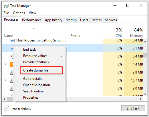 select Create dump file