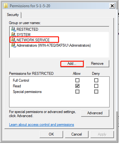 Network Service in registry editor