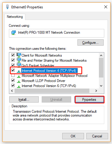 Select IPv4 in Properties window