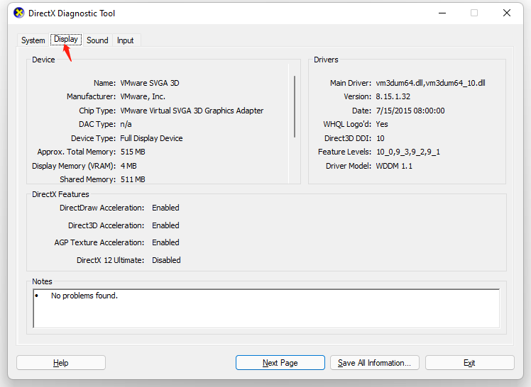 use DirectX Diagnostic Tool to check graphics card Windows 11