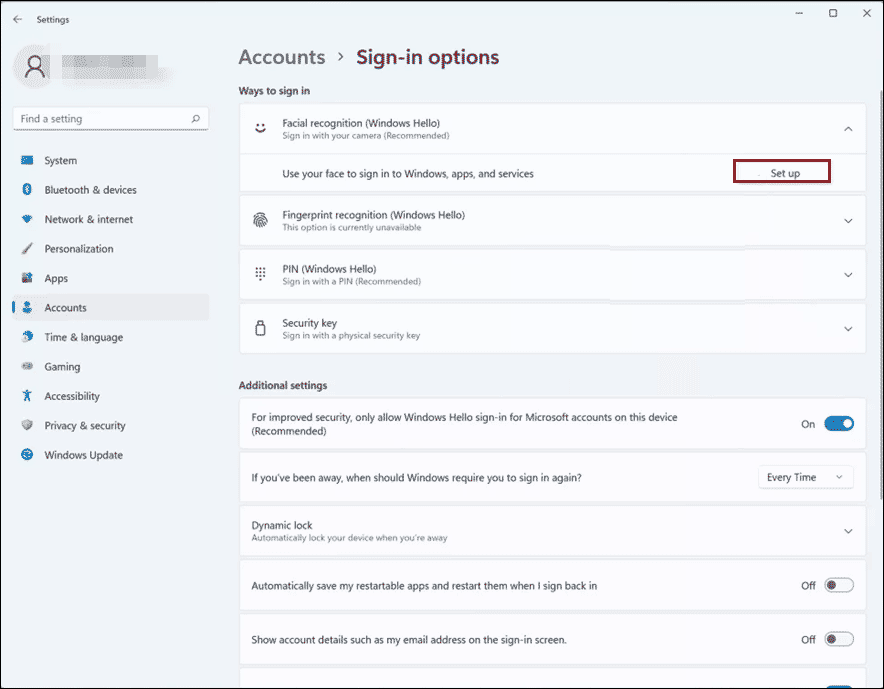 set up Facial recognition (Windows Hello)