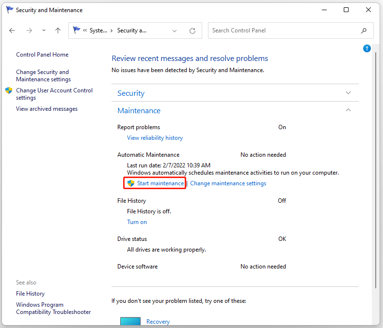 click Start maintenance