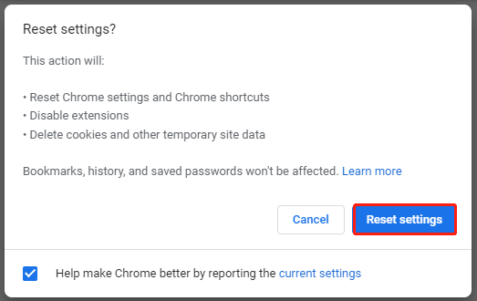 reset Google Chrome