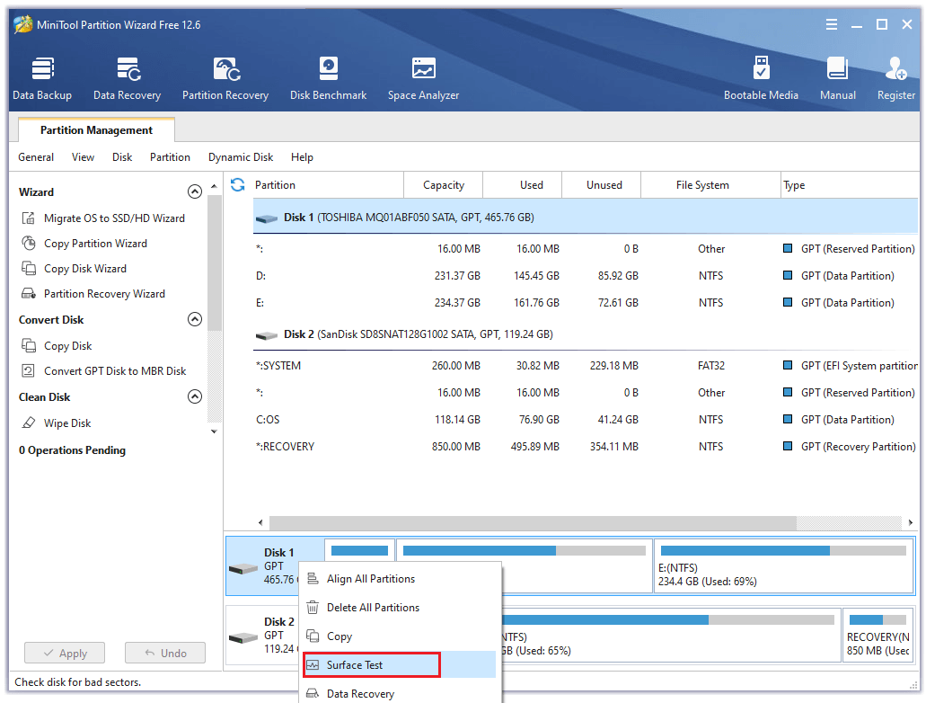 select Surface Test from the menu