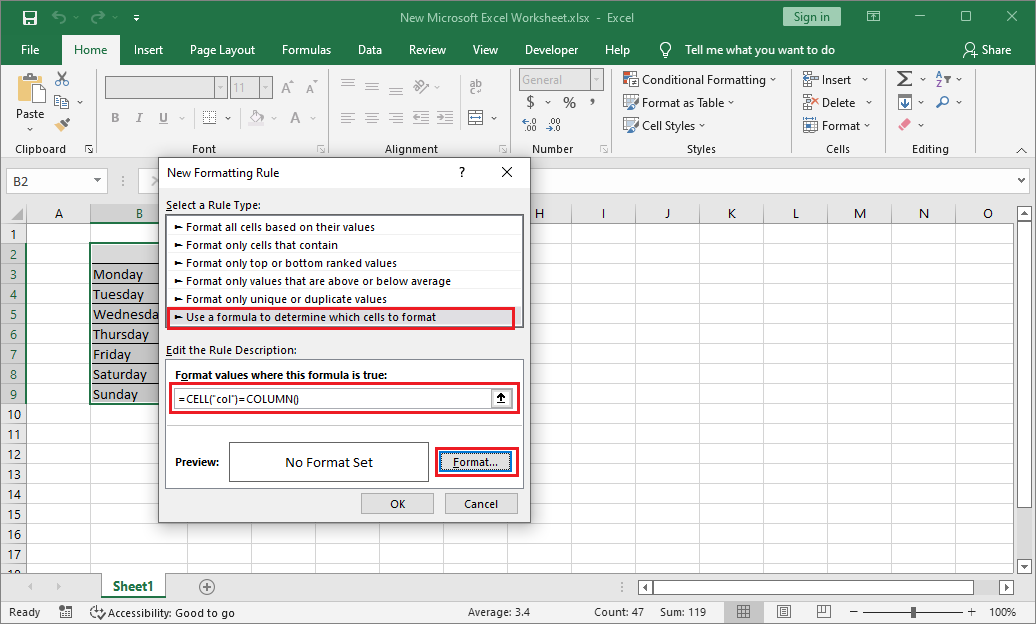 select a rule type and type a formula on the box