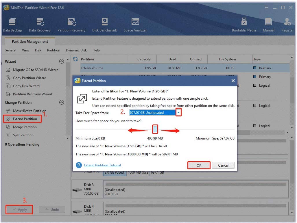 extend partition using MiniTool Partition Wizard