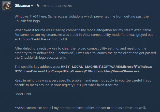 a user report from the Steam community