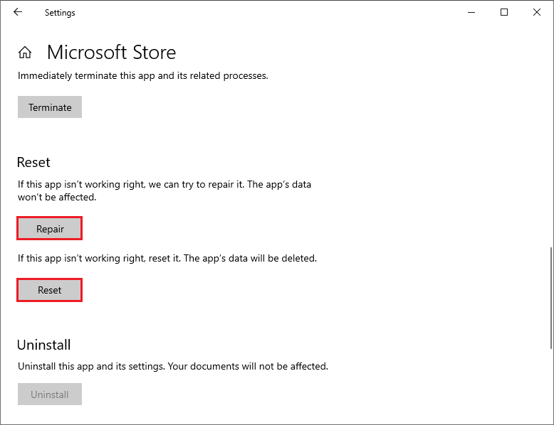 repair or reset the Microsoft Store app