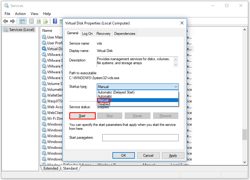 manually start Virtual Disk service