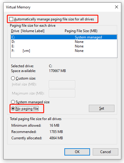 set No paging file