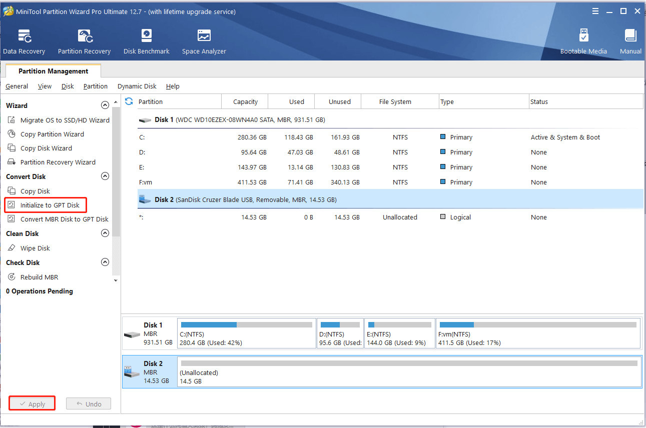 initialize disk to GPT using MiniTool