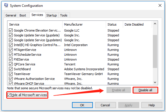 select Hide all Microsoft services