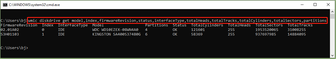 check hard drive information CMD